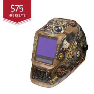 The Lincoln VIKING 3350 ADV Steampunk Welding Helmet - K3428-5 features gears, goggles, an auto-darkening lens, and a $75 manufacturer rebate highlighted in a red box at the top left corner.