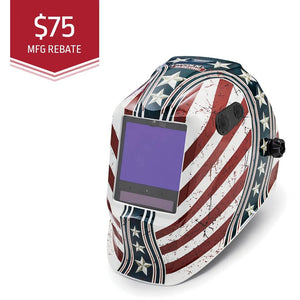 The Lincoln VIKING 3350 ADV Daredevil Welding Helmet (K3683-5) features an American flag and stars design, 4C Lens Technology for clear viewing, auto-darkening lens, and a red $75 MFG REBATE banner in the top left corner.
