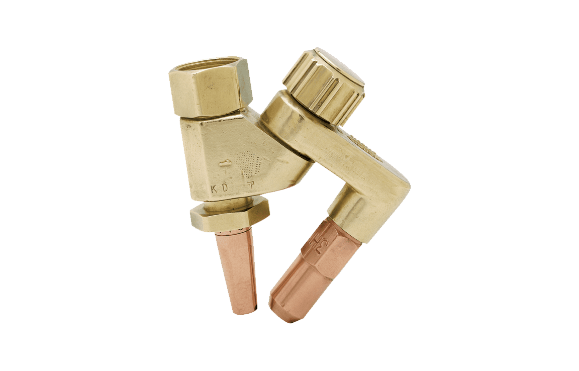 BUG-1290 Bug-O Beveling Head, precision brass welding valve with copper extensions and threaded cap, on white background.