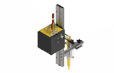 Bug-O BEAM BUG III 120V propane welding machine with black/yellow control box, rails, cables, nozzle—industrial equipment.