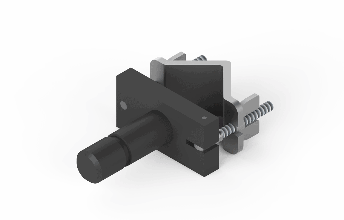 3D render of Bug-O CLAMP BUG-2708 with black knob, metal brackets, and screws for welding fixture mounting and adjustment.