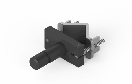 3D render of Bug-O CLAMP BUG-2708 with black knob, metal brackets, and screws for welding fixture mounting and adjustment.