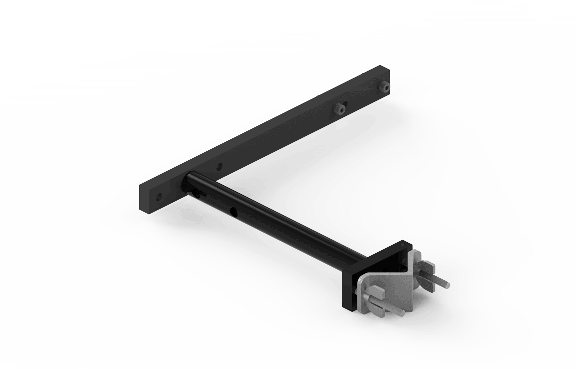 Black metal L-shaped welding bracket BUG-2975 from Bug-O, with bar and fasteners, for cable mounting, on white background.