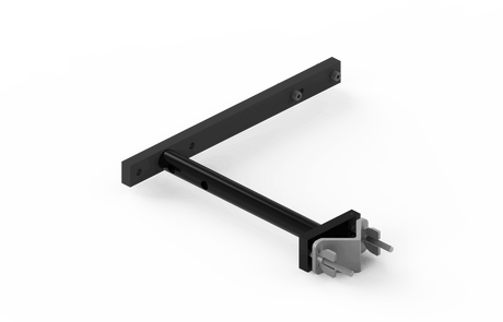 Black metal L-shaped welding bracket BUG-2975 from Bug-O, with bar and fasteners, for cable mounting, on white background.