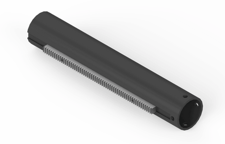 Bug-O H.D. Tube Rack 44" (BUG-3320-44) for welding automation, black cylinder with gray teeth, showcased on white background.