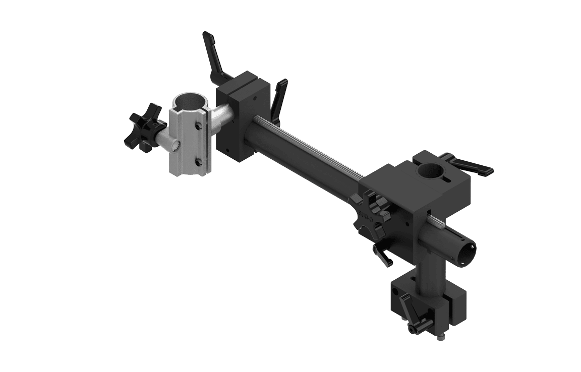 3D rendering of Bug-O H.D. ALL POSITION CUTTING GRP BUG-5185 welding bracket with clamps, knobs, and sliding parts for pipe cutting.