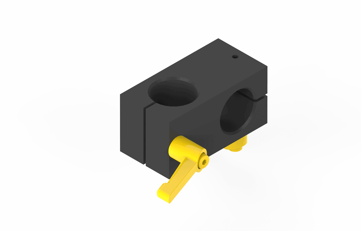 Bug-O RIGHT ANGLE CLAMP BUG-5186 welding accessory, black clamp with yellow lever for pipe and tube welding, on white background.