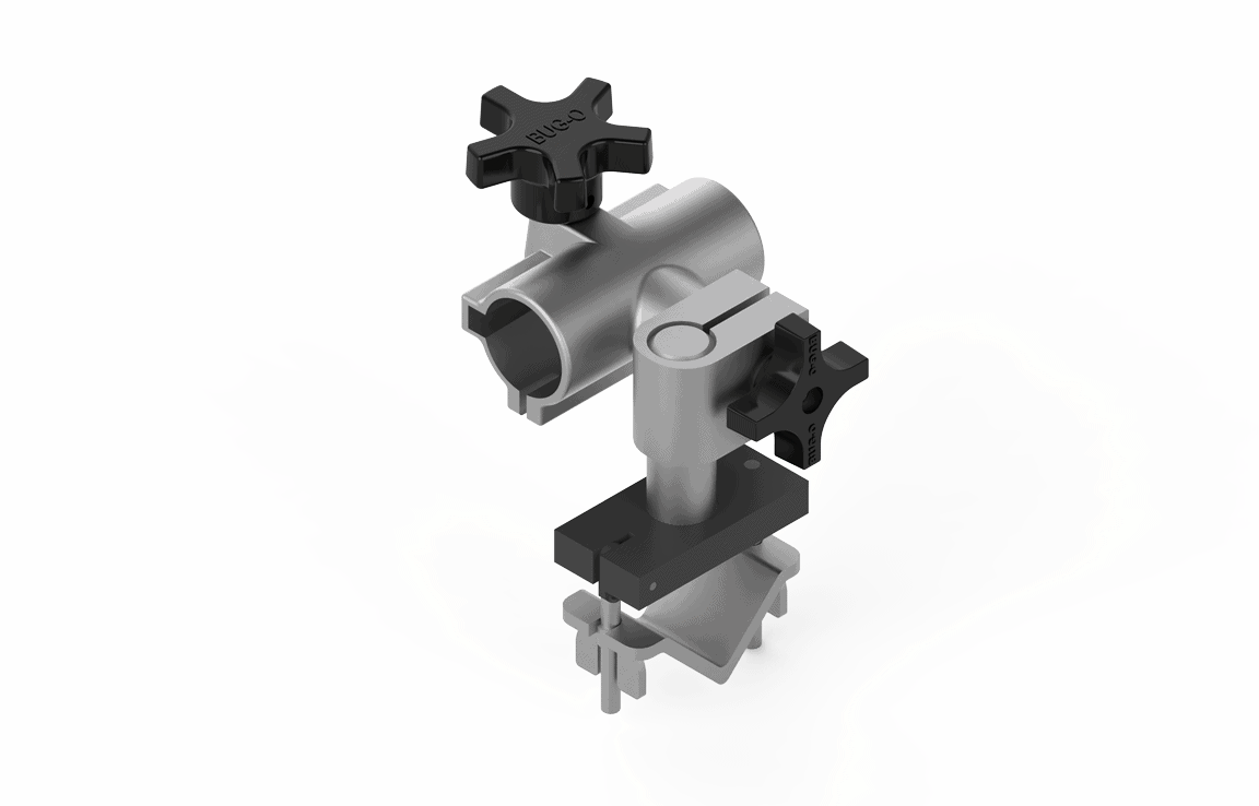 Bug-O BUG-5245 Welding Gun Mounting Assembly—metal clamp with knobs for securely attaching welding guns to pipes. White background.