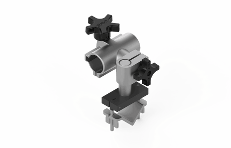 Bug-O BUG-5245 Welding Gun Mounting Assembly—metal clamp with knobs for securely attaching welding guns to pipes. White background.