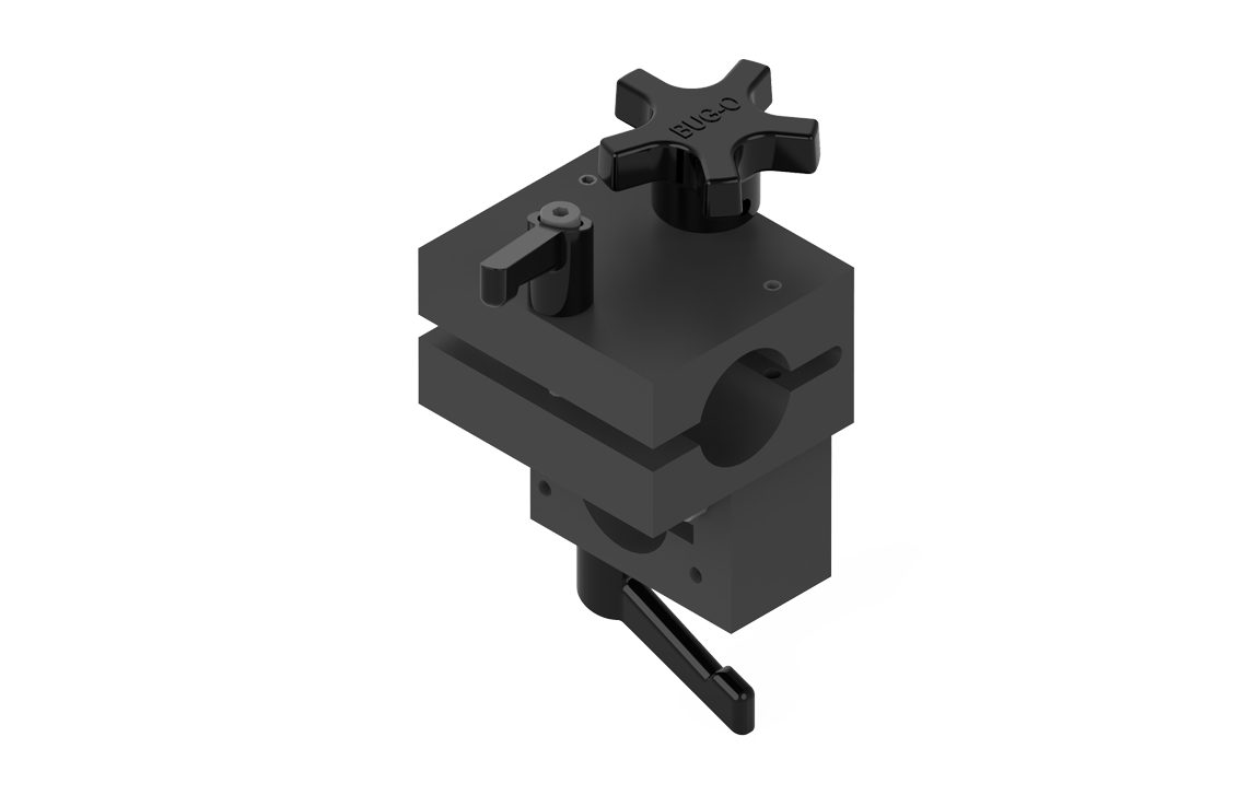 BUG-5280 Bug-O Tube Mounting Rackholder welding clamp with knobs and levers for secure pipe holding, black, on white background.