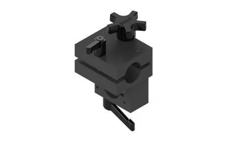 BUG-5280 Bug-O Tube Mounting Rackholder welding clamp with knobs and levers for secure pipe holding, black, on white background.