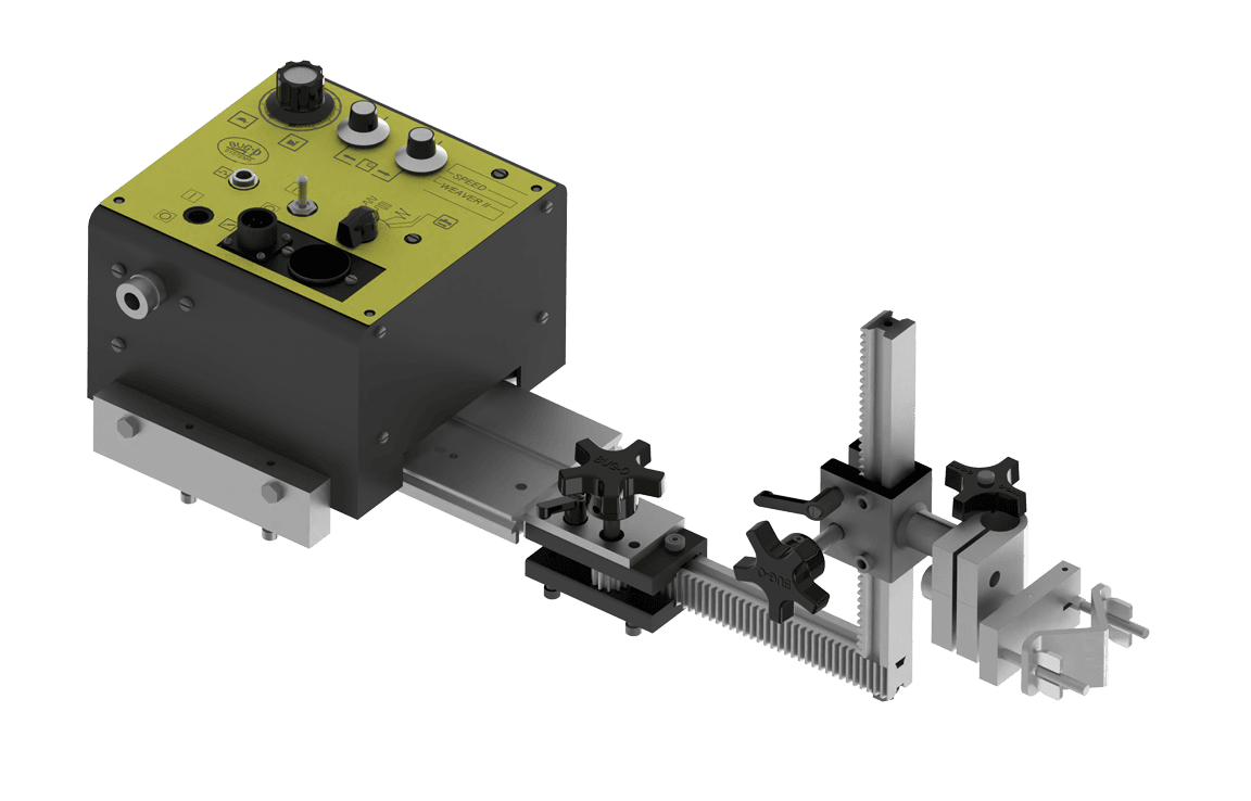 Bug-O SPEED WEAVER II 240VAC (BUG-5302) welding carriage with yellow control box, dials, and clamps for precise weld positioning.