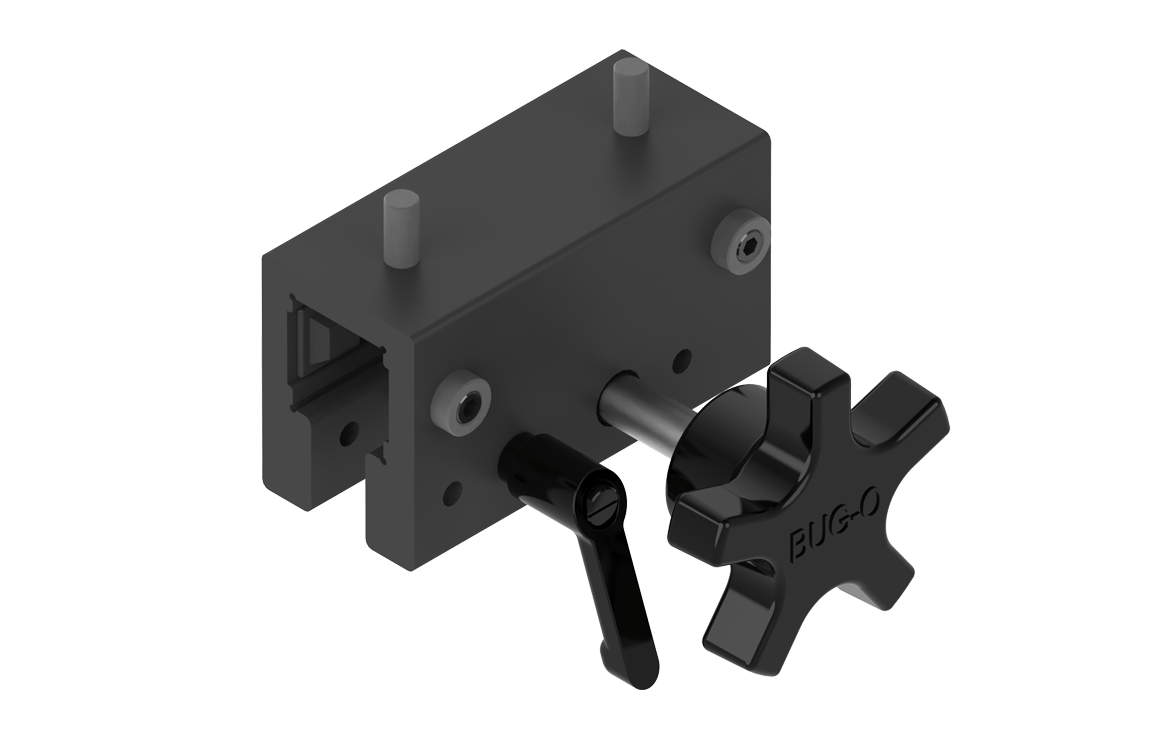 BUG-5451 Bug-O 3.5" Rackholder welding accessory, black metal, with block, pegs, rotating lever & star knob for welders.