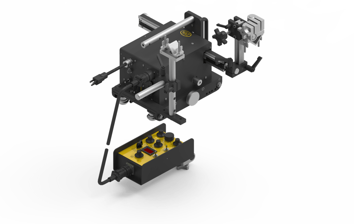 Bug-O UNIVERSAL BUG-O-MATIC 42V welding remote control with metal rods, clamps, and cables shown on white background. WeldingMart.