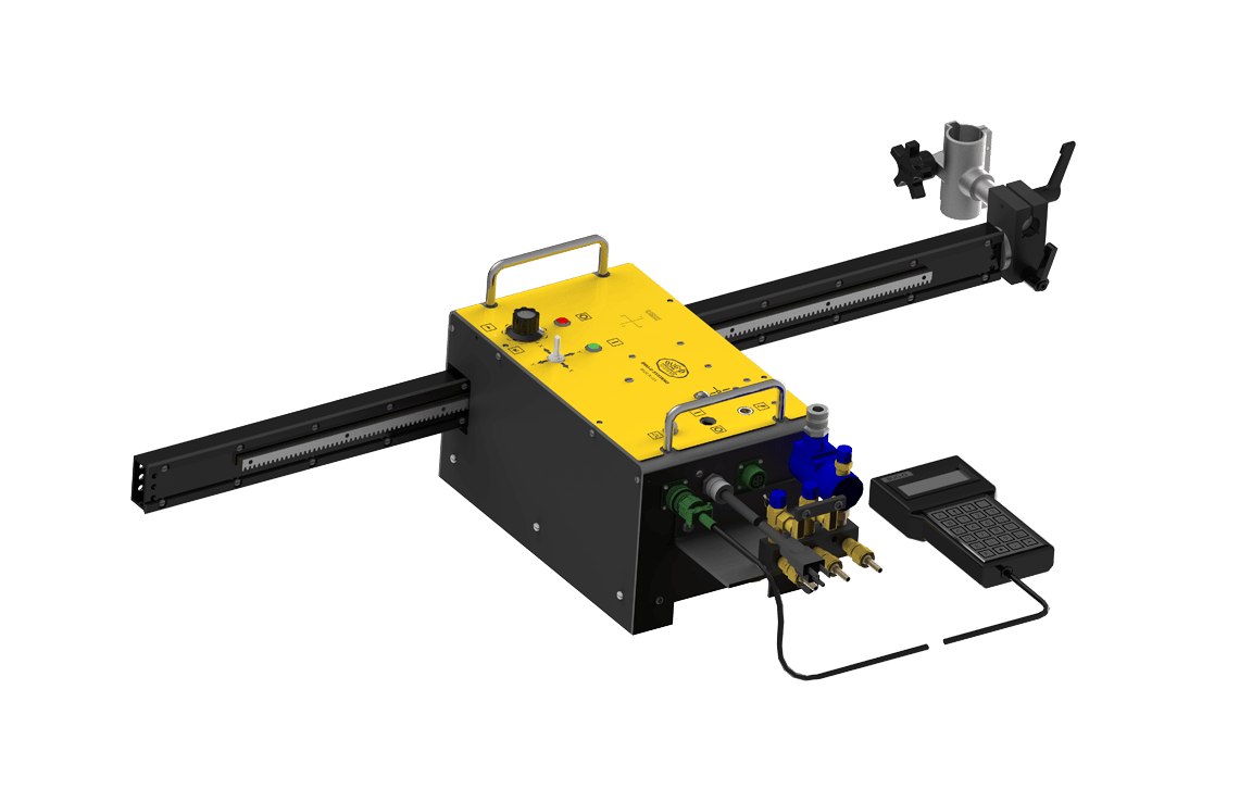 Bug-O PSM Oxyfuel Cutting Kit 120VAC CNC cutter—yellow panel, rails, buttons, keypad—for precision welding and metalworking.