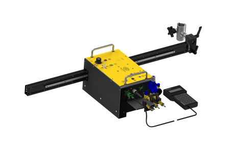Bug-O PSM Oxyfuel Cutting Kit 120VAC CNC cutter—yellow panel, rails, buttons, keypad—for precision welding and metalworking.