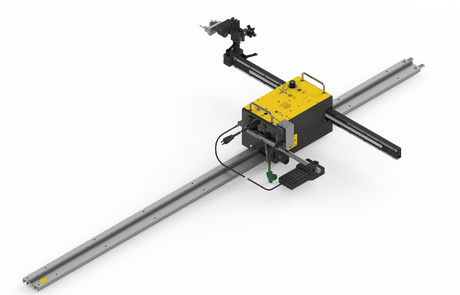 Bug-O PROG. SHAPE WELDING KIT 120VAC (BUG-6201) welding machine with tool arm, keypad, cables on rails—WeldingMart equipment.
