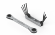 Two tools from the Bug-O TOOL KIT - BUG-9444 rest on a white background: a folding hex key set with black L-shaped keys and a silver double-ended ratcheting box wrench. Both are perfect for mechanical or repair jobs.
