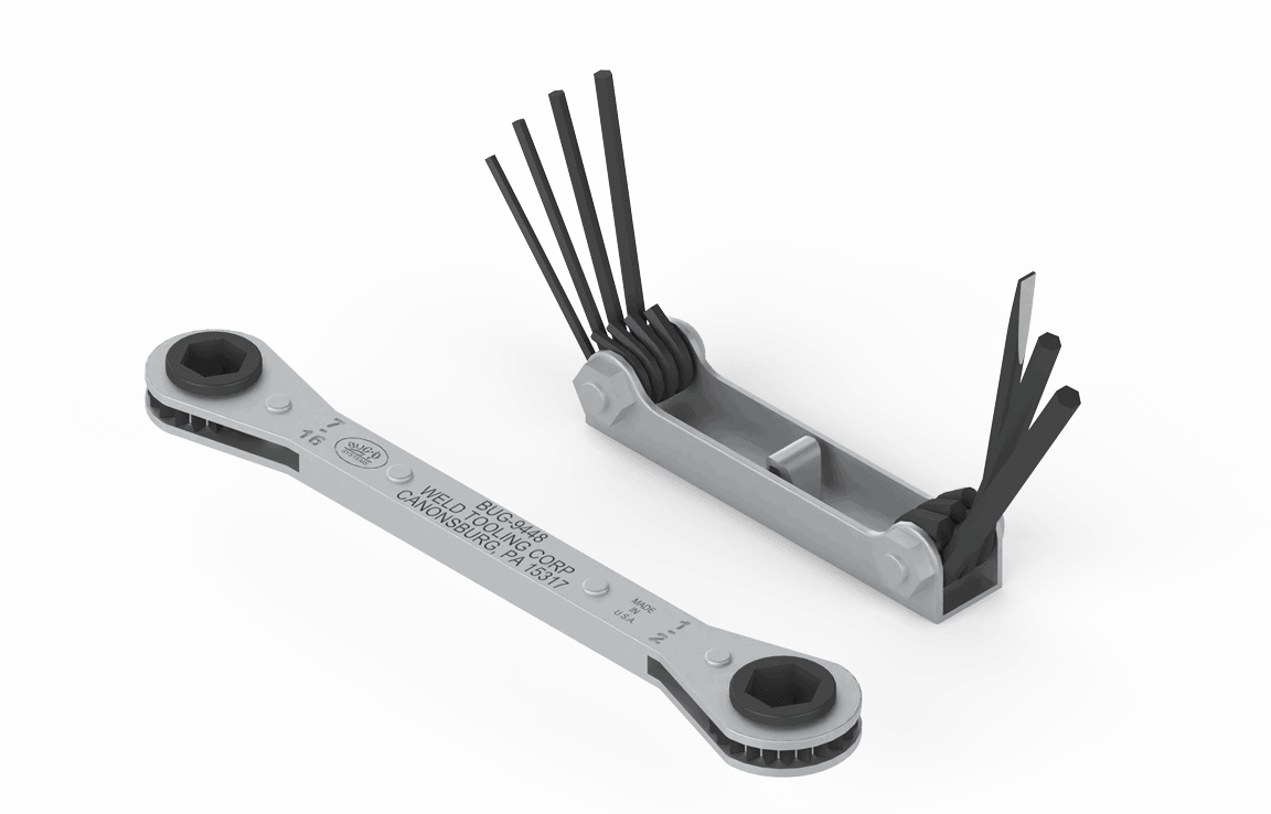Two tools from the Bug-O TOOL KIT - BUG-9444 rest on a white background: a folding hex key set with black L-shaped keys and a silver double-ended ratcheting box wrench. Both are perfect for mechanical or repair jobs.