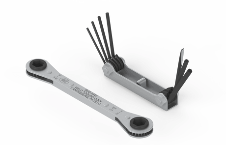 Two tools from the Bug-O TOOL KIT - BUG-9444 rest on a white background: a folding hex key set with black L-shaped keys and a silver double-ended ratcheting box wrench. Both are perfect for mechanical or repair jobs.