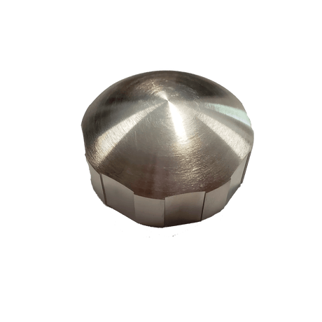 The IWT A2/C2 Back Cap - 8-IW004189BC is a metallic, dome-shaped cap featuring a brushed finish and vertical grooves at its base, displayed on a transparent background.