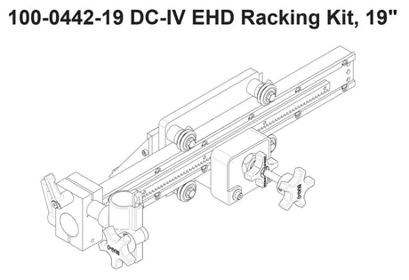 Bug-O DC IV EHD RACKING KIT 19" (100-0442-19) welding accessory line drawing, labeled parts, adjustment knobs for automation.