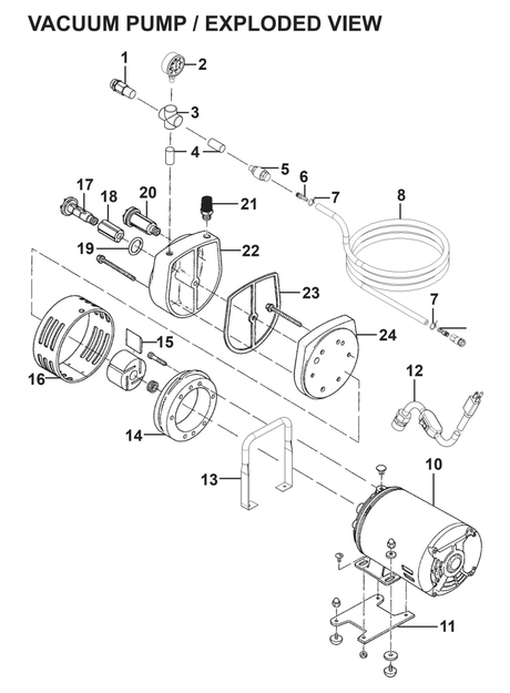 Vacuum pump exploded diagram with Bug-O FILTER/MUFFLER ARV-2001, welding parts labeled for WeldingMart assembly reference.