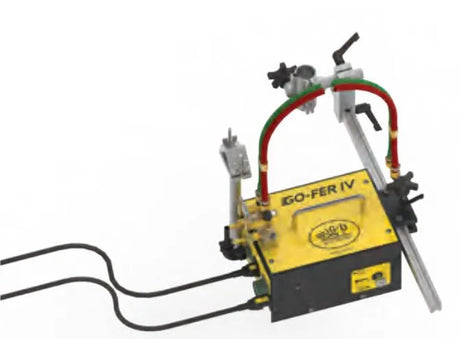 WeldingMart Bug-O GO-FER IV 240VAC welding machine, yellow base unit with cables, hoses, and rail for metal cutting or welding.