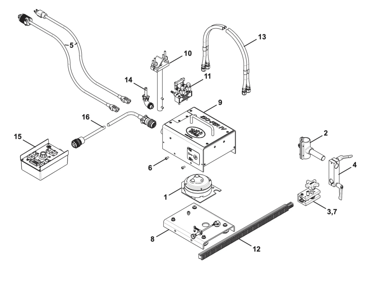 Exploded view of Bug-O GO-FER IV Pendant Cover Assembly 240 VAC GOF-4112 with mounting hardware for welding tool installation.