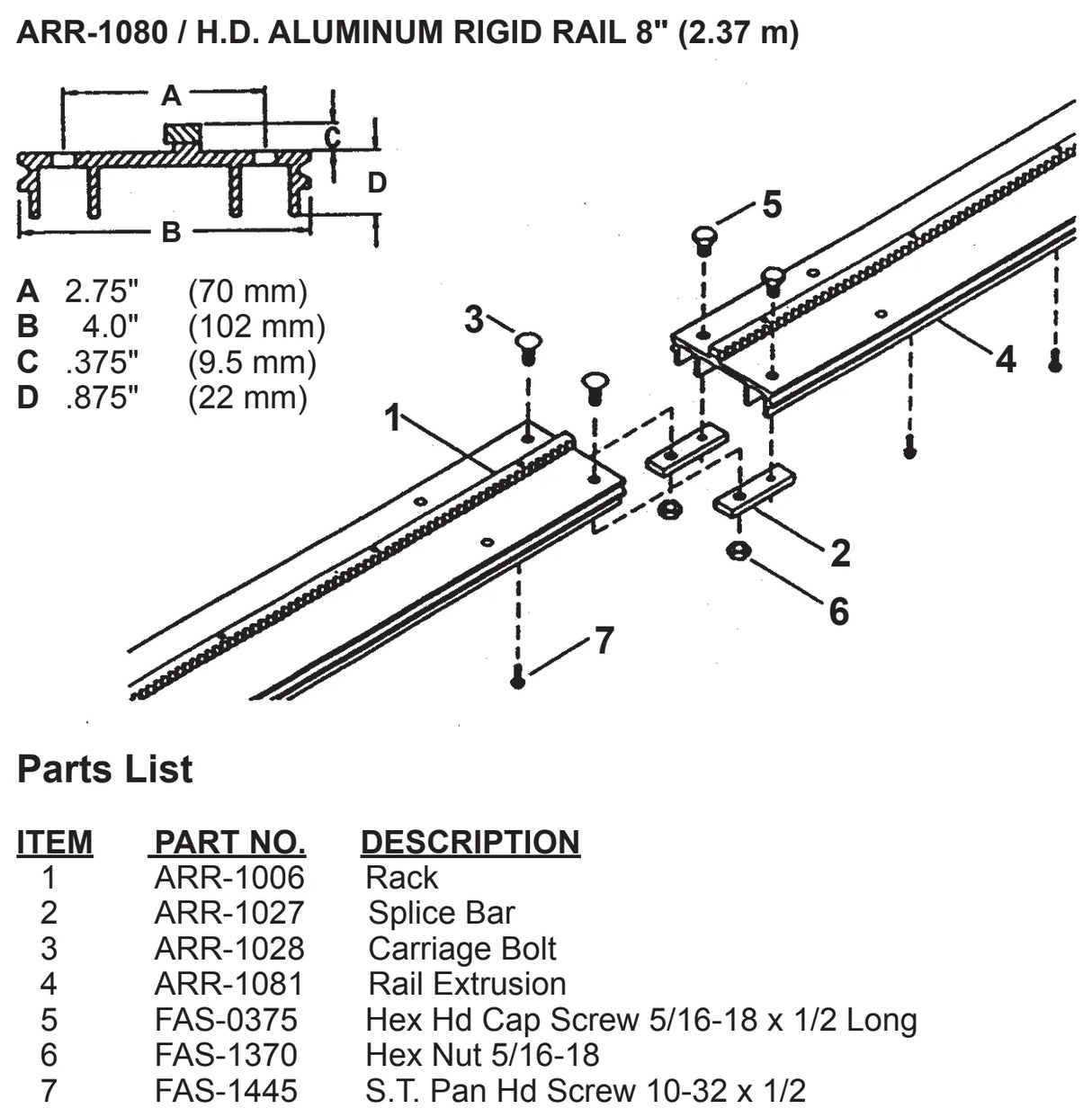 Bug-O H.D.ALUM.RAIL EXTRUSION ONLY diagram with side/top views, part numbers, specs, and rail hardware for welding equipment.