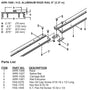 Bug-O H.D.ALUM.RAIL EXTRUSION ONLY diagram with side/top views, part numbers, specs, and rail hardware for welding equipment.