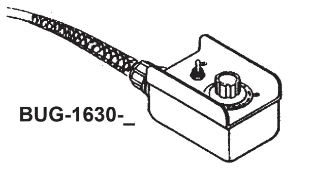 Black and white diagram of Bug-O PENDANT CONTROL 25' (BUG-1630-25) welding controller with speed knob, switch, and braided cable.