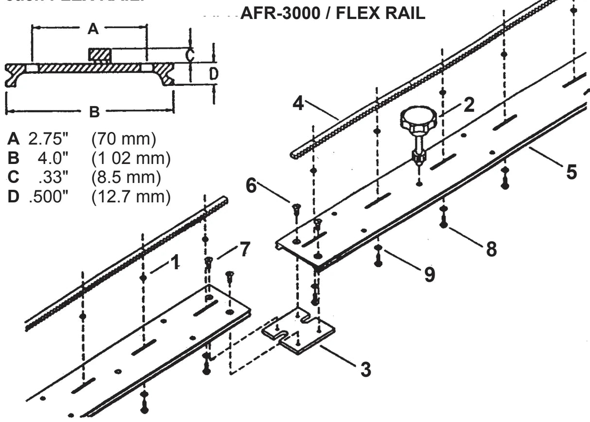 Bug-O RACK AFR-3006 diagram for welding equipment; labeled parts, dimensions, RACK compatibility, and assembly with screws & rails.