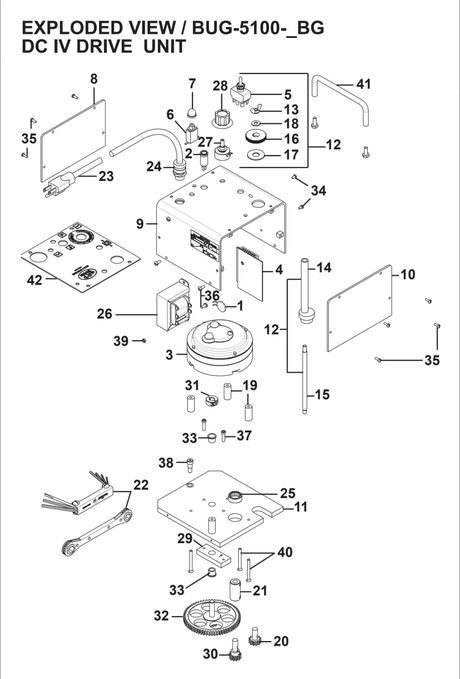 Exploded view of BUG-5100-BG DC IV Weld Drive Unit with labeled gears, shafts, circuit boards, and Bug-O SLEEVE for welding.