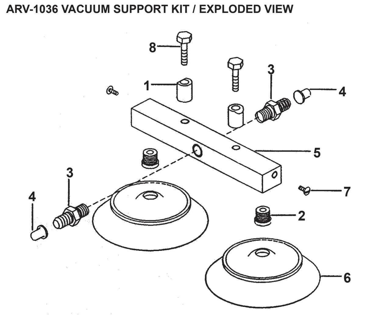 ARV-1036 Vacuum Support Kit for welding, showing Bug-O SUPPORT BAR ARV-1111, suction cups, bolts, fittings & accessories.