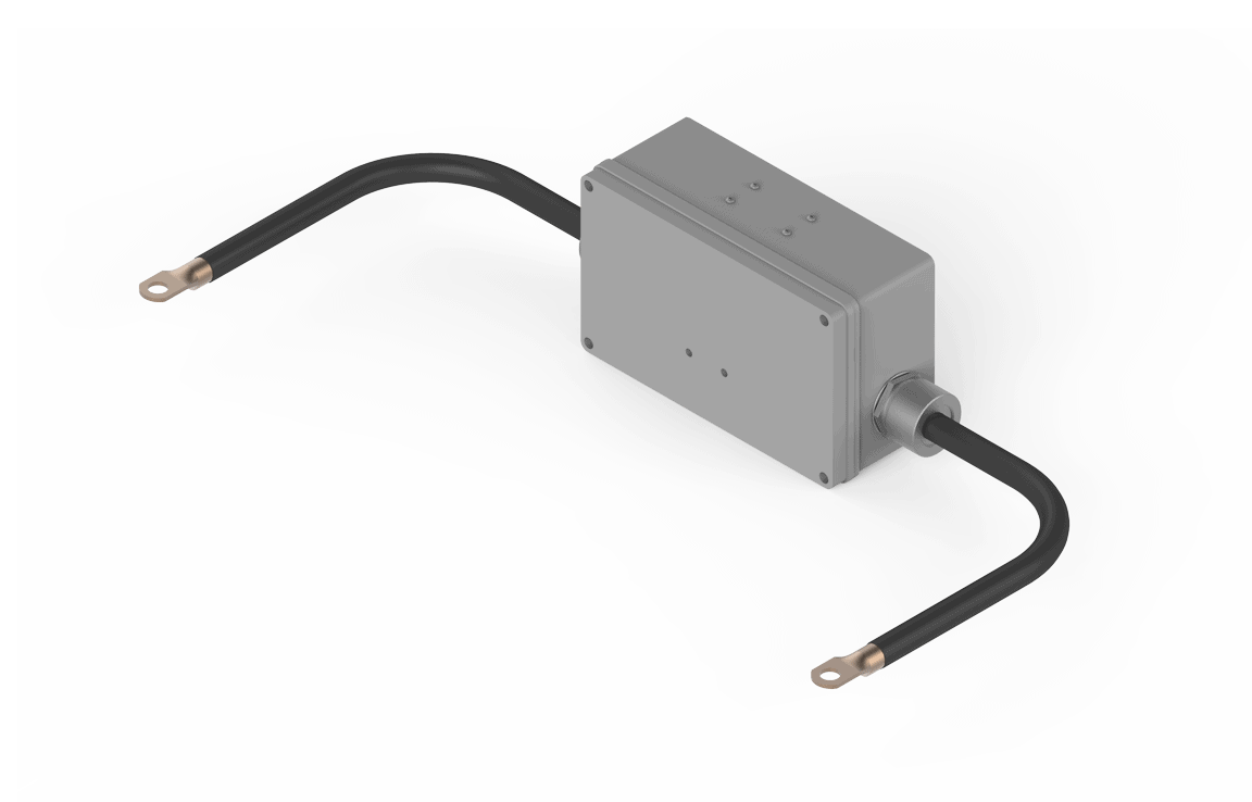 Bug-O HALL EFFECT CURRENT SENSOR ASY - CAS-1550 for welding; gray junction box with copper ring terminals and black cables.