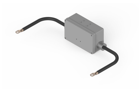 Bug-O HALL EFFECT CURRENT SENSOR ASY - CAS-1550 for welding; gray junction box with copper ring terminals and black cables.