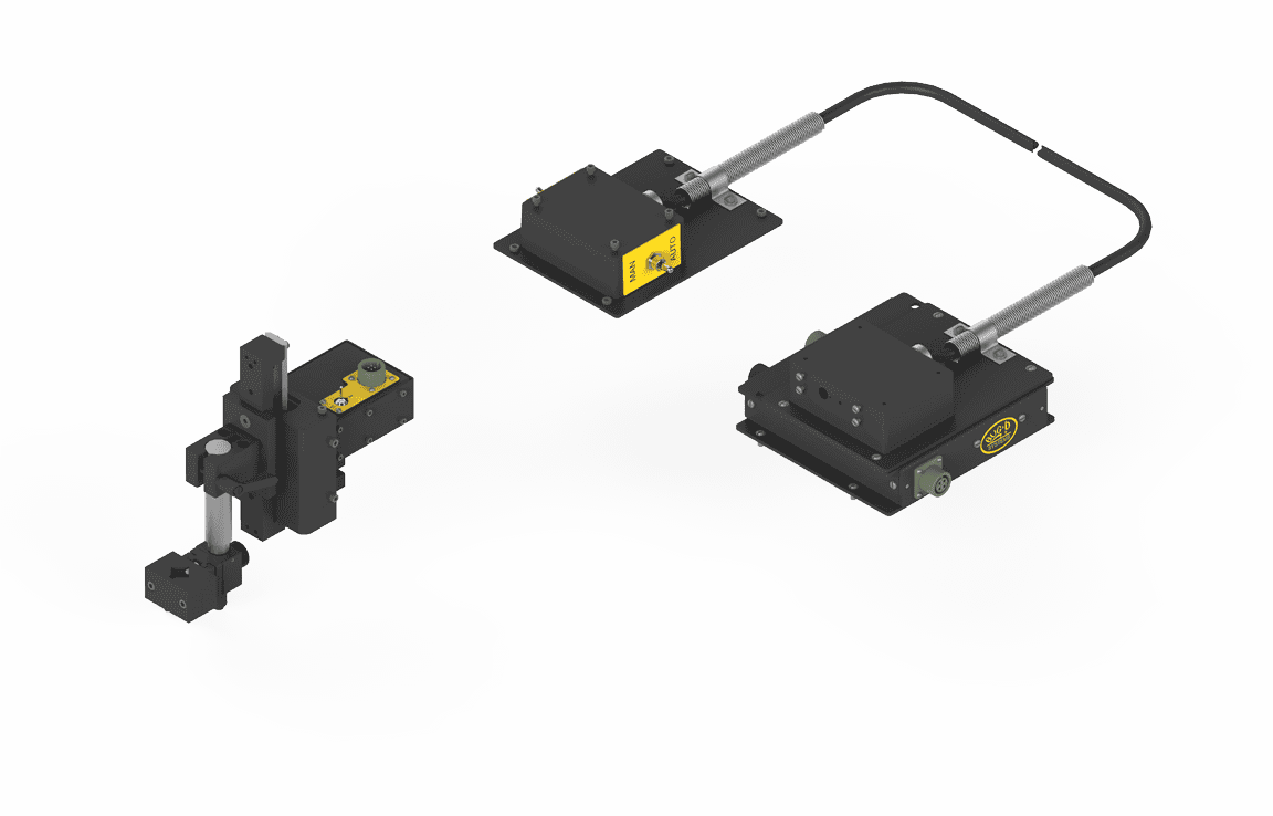 3D rendering of Bug-O PENDULUM MDS AHC SYSTEM CAS-2060 welding equipment with yellow labels, cables; white background.