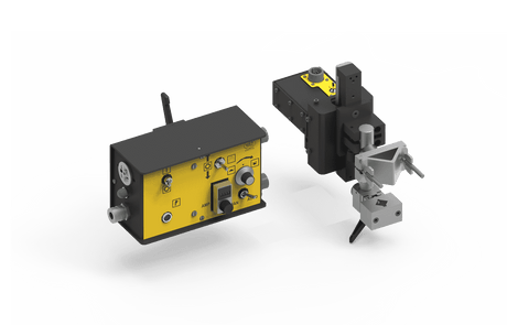 Bug-O CAS-2102 automatic welding torches with yellow-black panels, clamps, adjustable arms, controls, and 240V input.