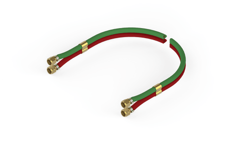 Bug-O 20" red and green welding hose assemblies with brass fittings, semi-circular, gold bands, WeldingMart accessories.