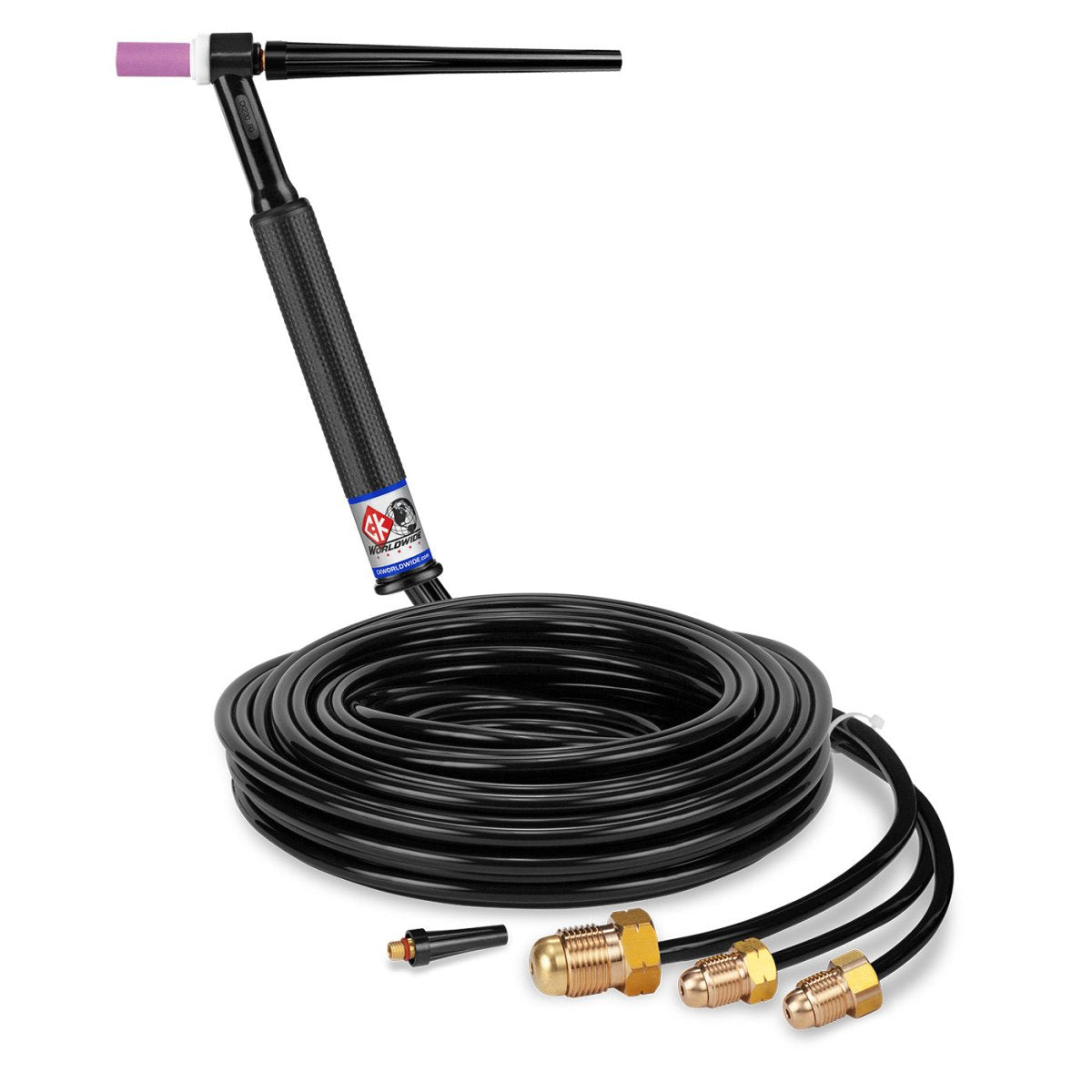 The CK Worldwide CK2325 300 Amp water-cooled TIG torch with a textured black handle is connected to a 25' cable. Three brass fittings and a black nozzle are shown next to the coiled cable on a white background.