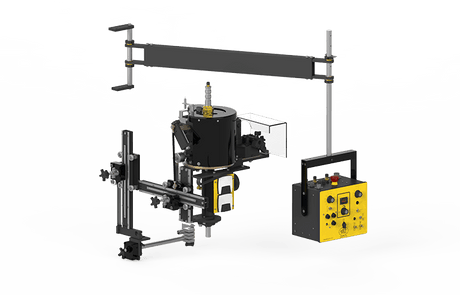 Bug-O REMOTE CW-5AX SUB ARC welder with adjustable arms, cylinder for pipe welding, and yellow control box on white background.