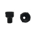 Two black IWT Collet Protector Body - 1-IW002002 fittings are displayed on a plain background: one stands upright showing its side, while the other lies down with its open end forward, revealing a circular hole.