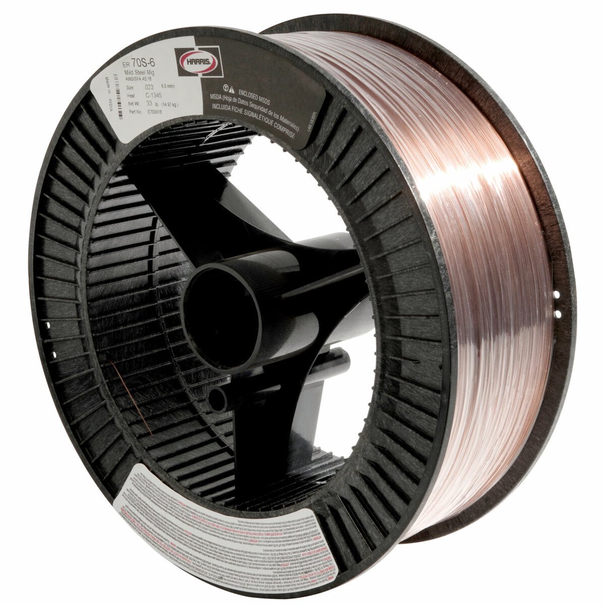 A large black plastic spool of Harris ER70S-6 Mild Steel MIG Welding Wire (.045, 33# SPOOL - E70S6H8) with copper-colored wire is shown at an angle on a white background; product labels are attached to the spool.