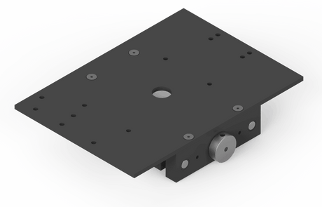 Bug-O 12" Carriage for Flex Rail FMD-1022: durable welding accessory, black metal plate with holes, knob, and central opening.