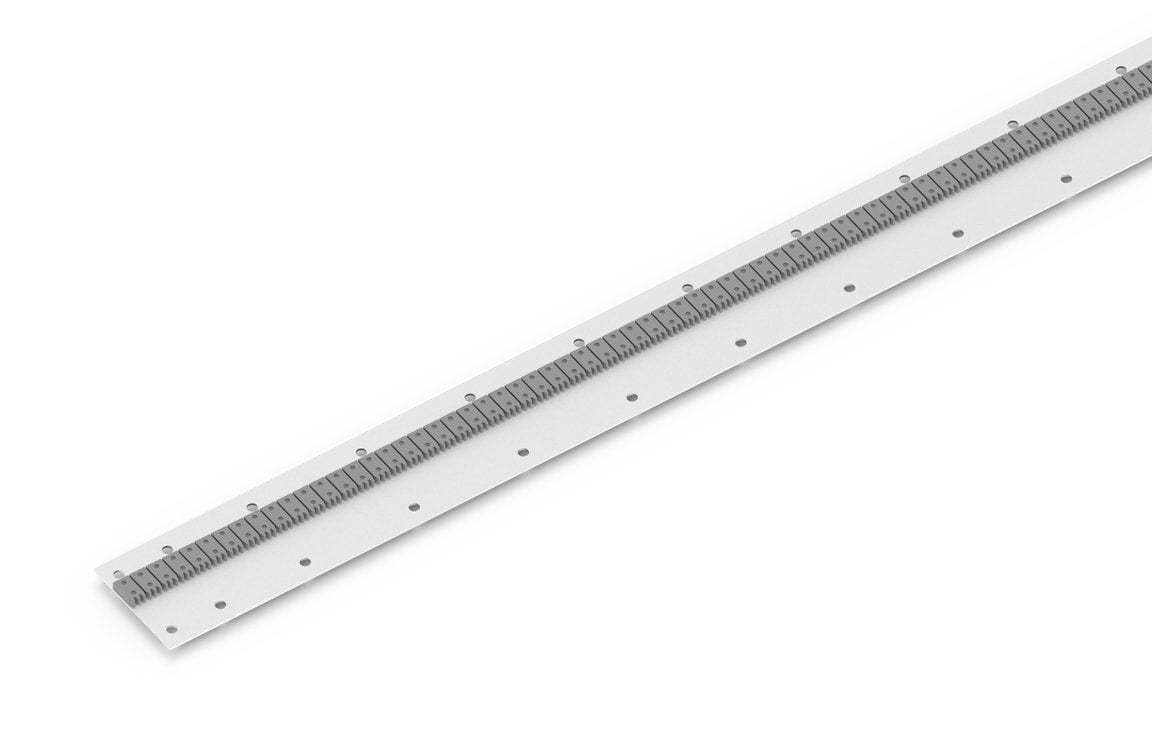 Bug-O HI-FLEX RAIL 57.722 IN (1.47M) FMD-1050 welding guide rail with black markings and holes on white background.
