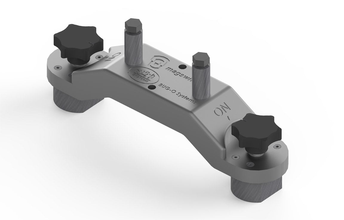 Bug-O FMD-2010 ON/OFF Magnet for welding features gray body, dual black knobs, pins, and engraving—perfect accessory tool.