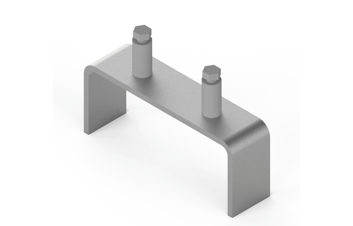 Bug-O HI-FLEX Spacer Bar metal U-bracket for welding, with 2 hex bolts, shown upright on white. WeldingMart accessory.
