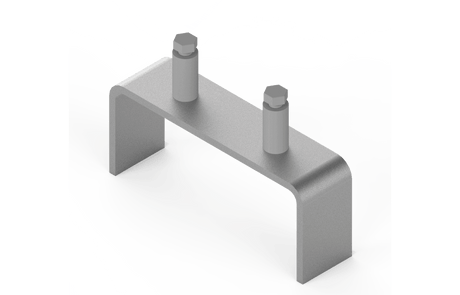 Bug-O HI-FLEX Spacer Bar metal U-bracket for welding, with 2 hex bolts, shown upright on white. WeldingMart accessory.