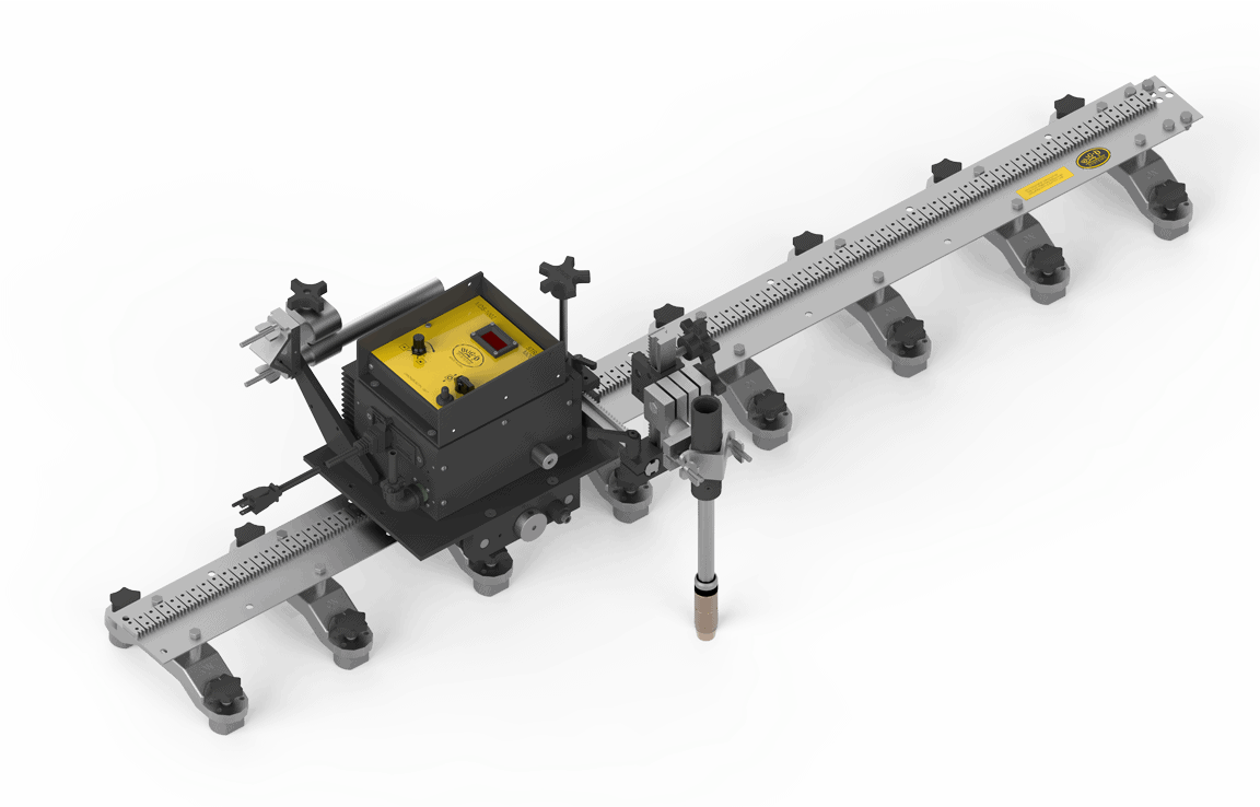 Bug-O MDS HI-FLEX WELD KIT FMD-4000 welding tool with yellow control box, rails, suction cups, and mount for precision cutting.